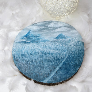 Obraz ręcznie malowany na drewnie, Zimowy górski krajobraz