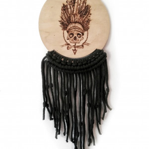 Obraz wypalony w drewnie.Makrama.Czaszka