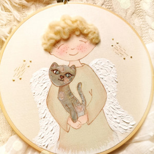 obrazek anioł z kotem, pamiątka chrztu narodzin