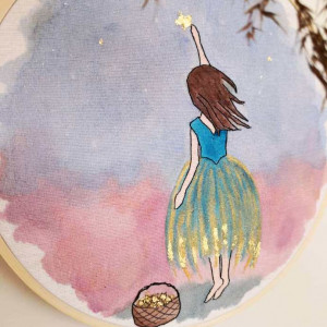 obrazek dziewczynka sięgająca gwiazd - akwarela