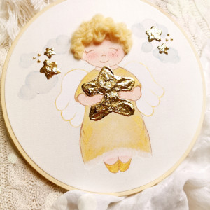 Obrazek z aniołkiem i gwiazdkami, pamiątka chrztu