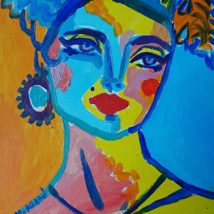 olejny obraz  kolorowy portret kobiety z kwiatami