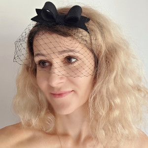 Opaska Czarny  fascynator kokarda z woalką halloween
