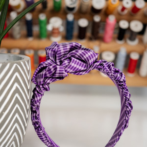 Opaska jedwabna fioletowa krateczka - upcykling