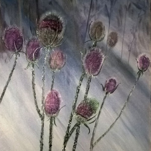 Osty, zimowe kwiaty. Akryl 40x50