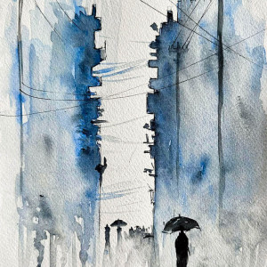 "Otuleni deszczem" akwarela - pejzaż miejski