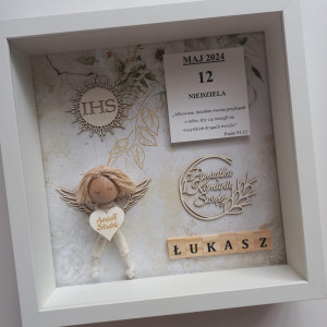 Pamiątka I Komunii Świętej  anioł stróż w ramce 3d chłopiec złoty liść
