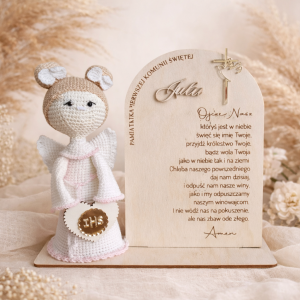 Pamiątka pierwszej komunii świętej Aniołek z  modlitwą Ojcze Nasz