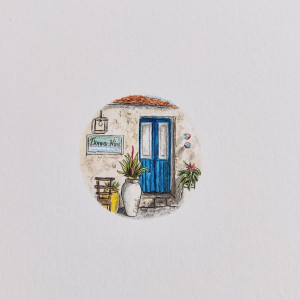 Pamiątka z Sycylii, Miniatura akwarela, niebieskie drzwi