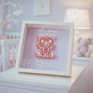 Personalizowana Metryczka 3D z Misiem z Różyczek Ramka NA URODZINY