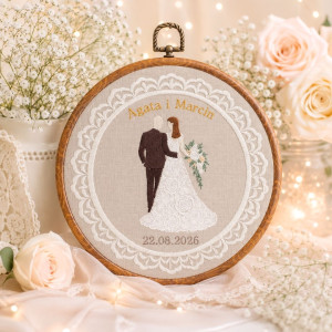 Personalizowana pamiątka ślubna, haft w oprawie vintage