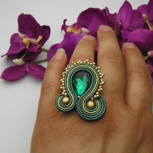 Pierścionek soutache sutasz zielony złoty szmaragdowy