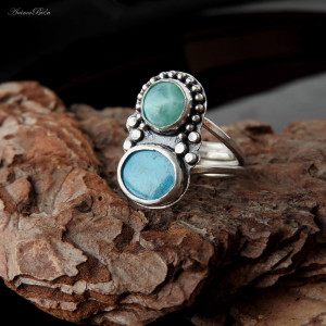 Pierścionek srebrny z turkusem i larimarem regulowany