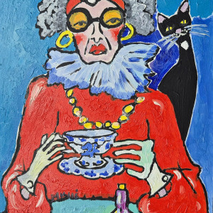 popołudniowa herbatka z kotem  art wesoła pani i kot na spacerze