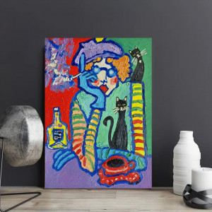 popołudniowa kawka z kotami  art wesoła pani i koty