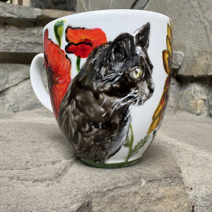 Porcelanowy kubek ręcznie malowany-Koty i kwiaty