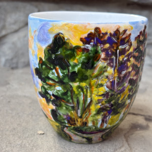 Porcelanowy kubek ręcznie malowany- Las wieczorem