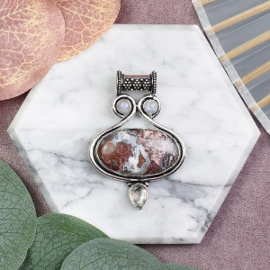 Posrebrzany miedziany ozdobny wisiorek z agatem, k. księżycowym #601