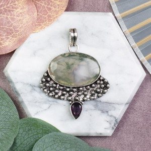 Posrebrzany miedziany wisiorek z agatem mszystym i ametystem #591