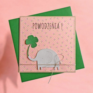 POWODZENIA - urocza, uniwersalna kartka - słonik, koniczynka