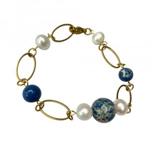 Pozłacana bransoletka z jaspisami w otoczeniu pereł c1348