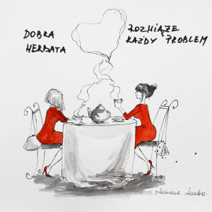 "Przy herbatce" praca akwarelami oraz piórkiem artystki A. Laube