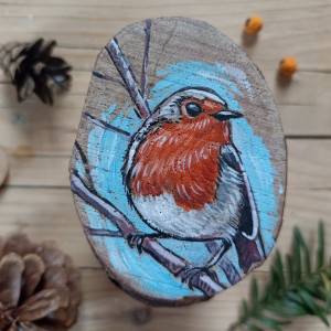 Ptaszek Rudzik ręcznie malowany na drewnie