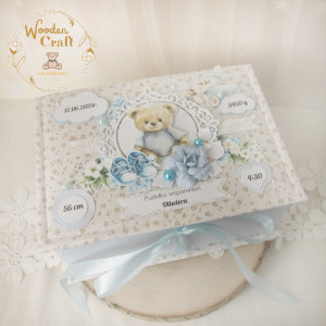 Pudełko wspomnień na chrzest, roczek, narodziny "Oh Baby Miś" blue