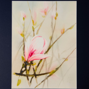 Ręcznie malowana akwarela 50 x 40cm z passe partout kwiaty magnolia