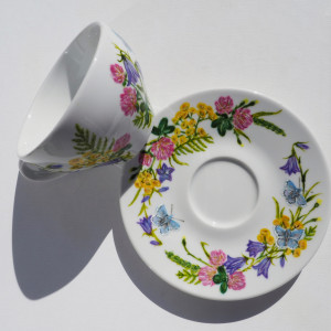 ręcznie malowana filiżanka zestaw kwiaty ŁĄKA