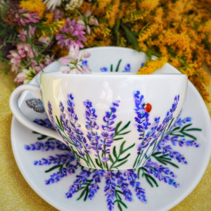 ręcznie malowana filiżanka zestaw kwiaty LAWENDA
