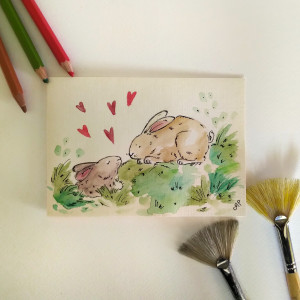 Ręcznie malowana kartka okolicznościowa- króliki