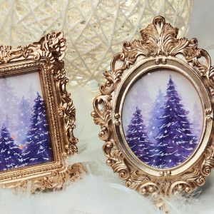 Ręcznie malowane mini obrazki świąteczne, choinki fioletowo-złote