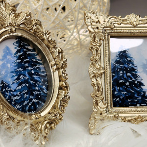 Ręcznie malowane mini obrazki świąteczne, choinki niebiesko-złote