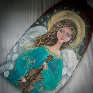 Ręcznie malowany Anioł na drewnie / skrzypce