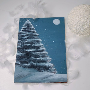 Ręcznie malowany obraz na drewnie, choinka, Dekoracja świąteczna.