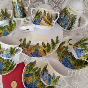 Ręcznie malowany unikalny barwny zestaw kawowy dla 4 osób