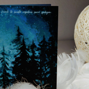 Ręcznie robiona kartka świąteczna, niepowtarzalna z nocnym lasem