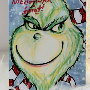 Ręcznie robiona kartka święteczna Grinch, zabawne życzenia świąteczne