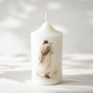Ręcznie robiona świeca sojowa wolnostojąca 9 cm – motyw religijny.