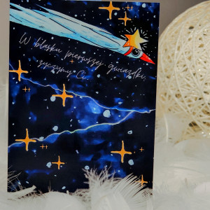 Ręcznie robiona, zabawna kartka świąteczna z pierwszą gwiazdką