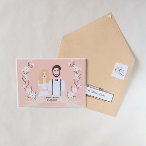 Ręcznie rysowana kartka ślubna – para młoda w bajkowym stylu