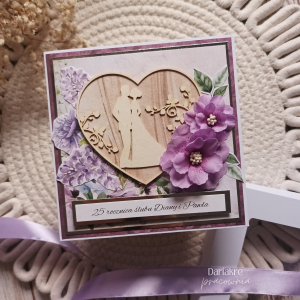 Rocznica ślubu, kartka w pudełku personalizowana, fiolet, pamiątka