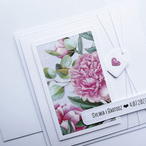 Romantyczna kartka ślubna ręcznie robiona personalizowana z peoniami