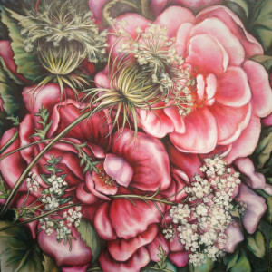 "Róże i trawy" obraz na płotnie 100x100 cm