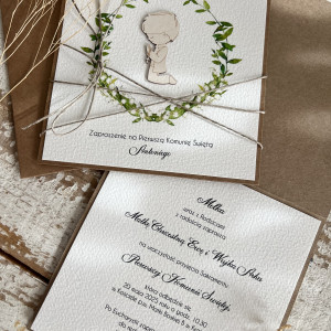 Rustykalne zaproszenia na komunię eko z wiankiem