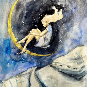 "Sen" akwarela artystki A. Laube - marzenie senne, noc, księżyc