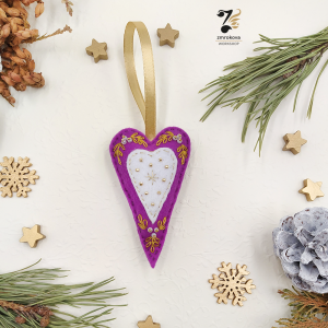 Serce bombka filcowa wyszywana fioletowo-biało-złota