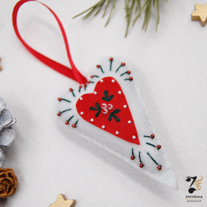 Serce z filcu wyszywane bombka ozdoba świąteczna biał0-czerwona