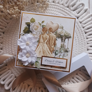 Ślub, beż i złoto, kartka ślubna personalizowana, z drewnianym motywem
